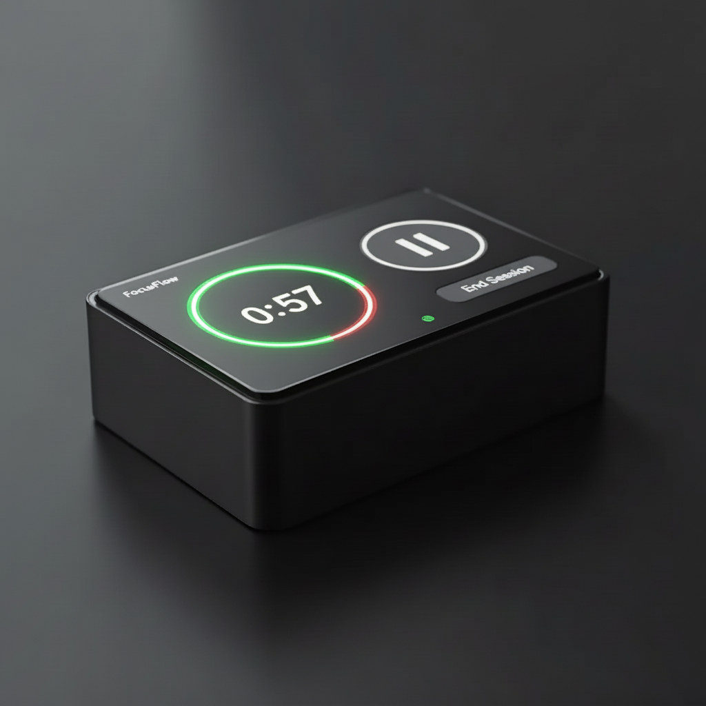 FocusFlow productivity device showing timer interface with green and red progress indicators